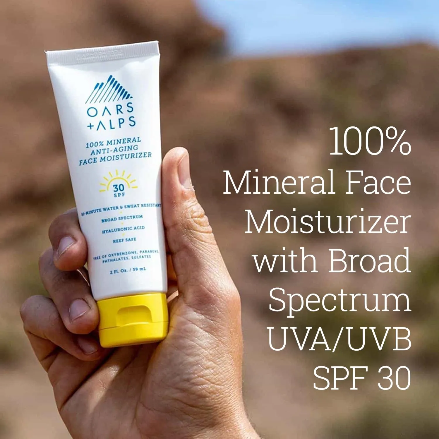 Oars   Alps Mineral Sunscreen for Face & Body, SPF 30 Anti Aging Face Travel Sunscreen & Body Lotion, Infused with Hyaluronic Acid, Vitamin E & B5, Oil Free, Water & Sweat Resistant, 2oz