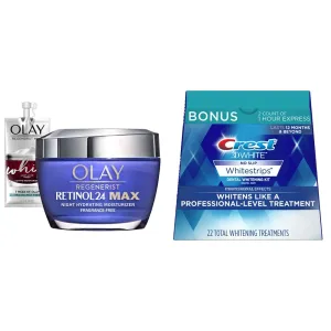 Olay Regenerist Retinol 24 Max Night Face Cream, Fragrance Free (1.7 Oz)   Travel Size Whip Face Moisturizer and Crest 3D Whitestrips, Professional Effects, Teeth Whitening Strip Kit (44 Strips)