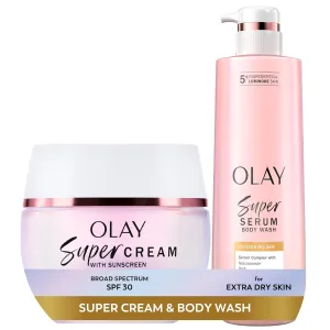 Olay Super Cream with Sunscreen SPF 30 (1.7 oz)   Body Wash for Extra Dry Skin (18.5 oz) - 24hr Long Lasting Hydration - Vitamin C & E, Hyaluronic Acid, Niacinamide - Smooth, Brighten, Firm