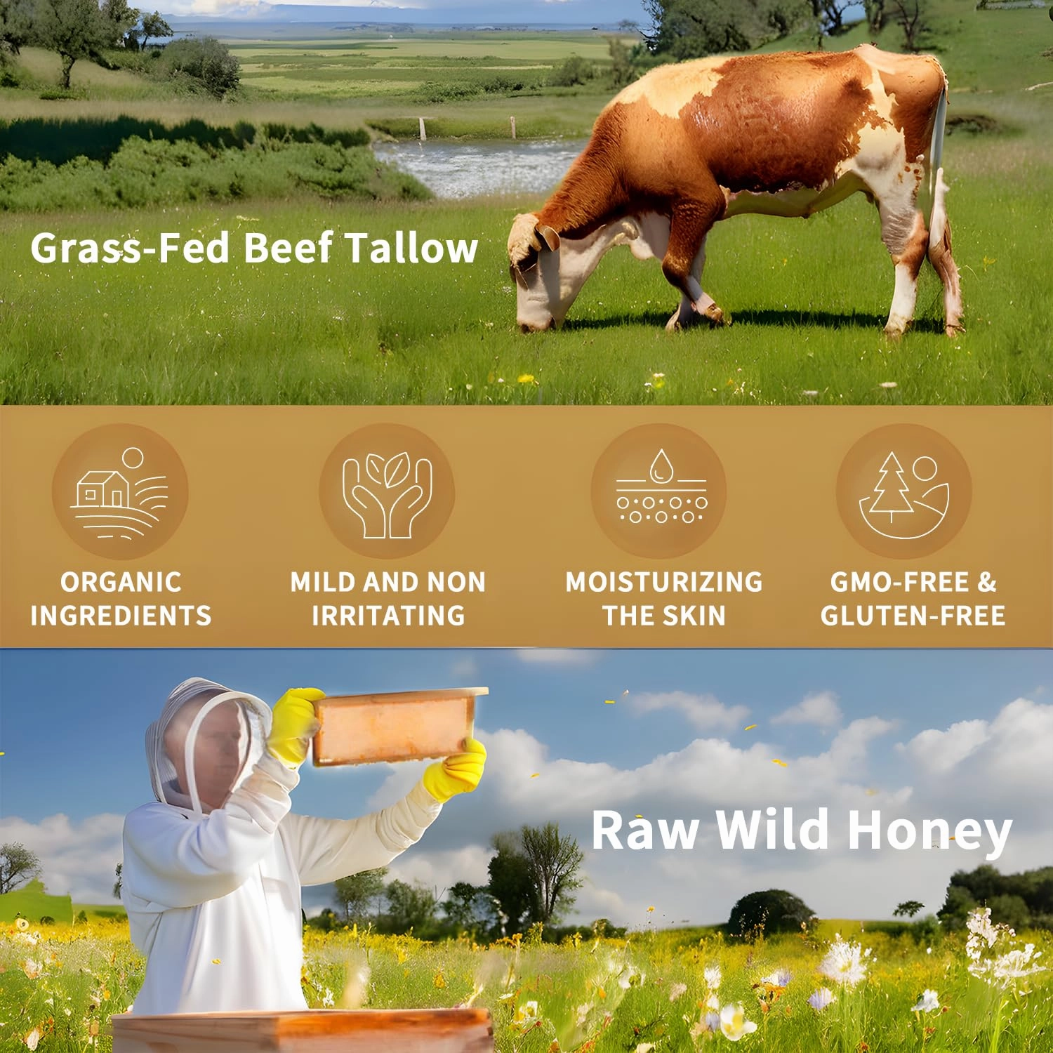 OOKUU Beef Tallow for Skin,Beef Tallow for Face,Beef Tallow and Honey Balm,Organic Hydrating Beef Tallow Balm Deeply Moisturizing for Face & Body Skin Care(Pack of Two)