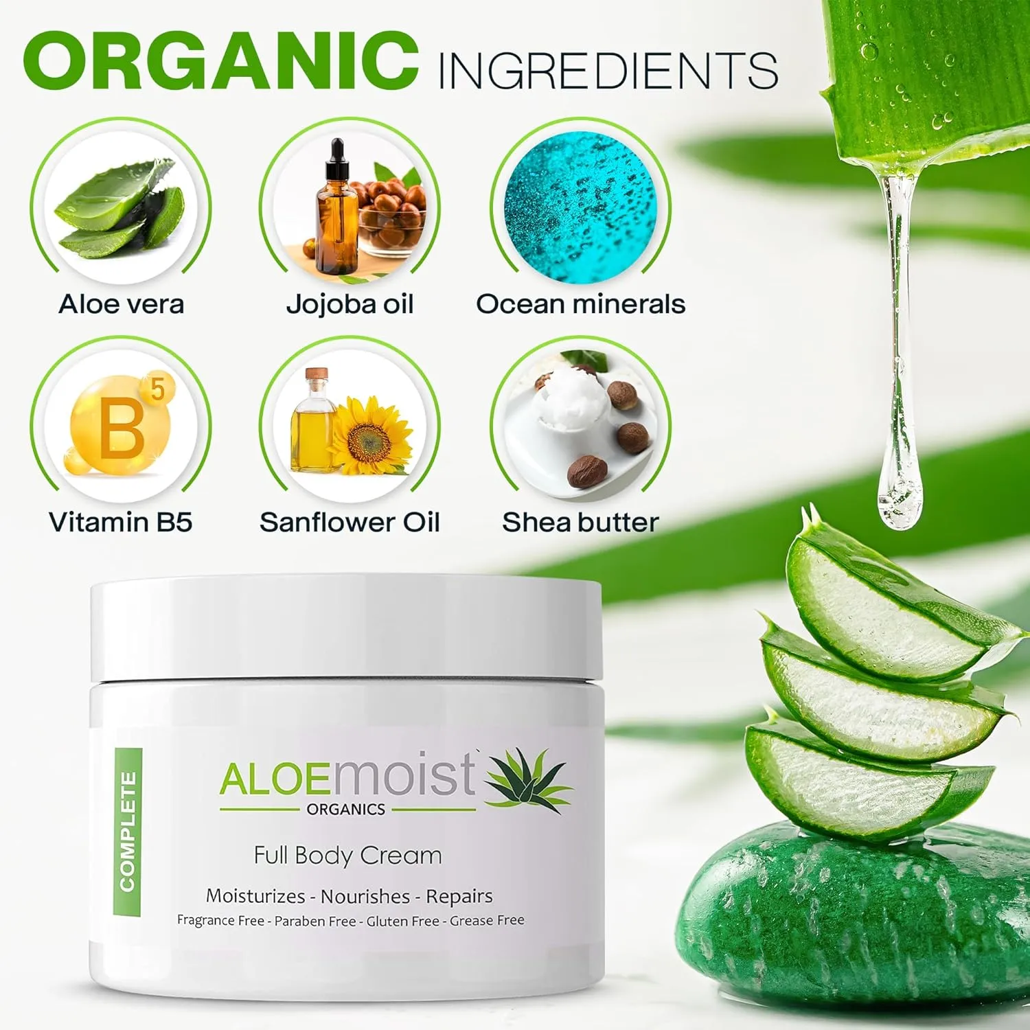 Organic Aloe Vera Lotion - Face & Body Moisturizing Cream with Natural Aloe Vera, Vitamin E Oil, Vitamin C, Retinol Cream, Shea Butter – Anti Aging Face Moisturizer for Women, Dry Skin (8 oz)