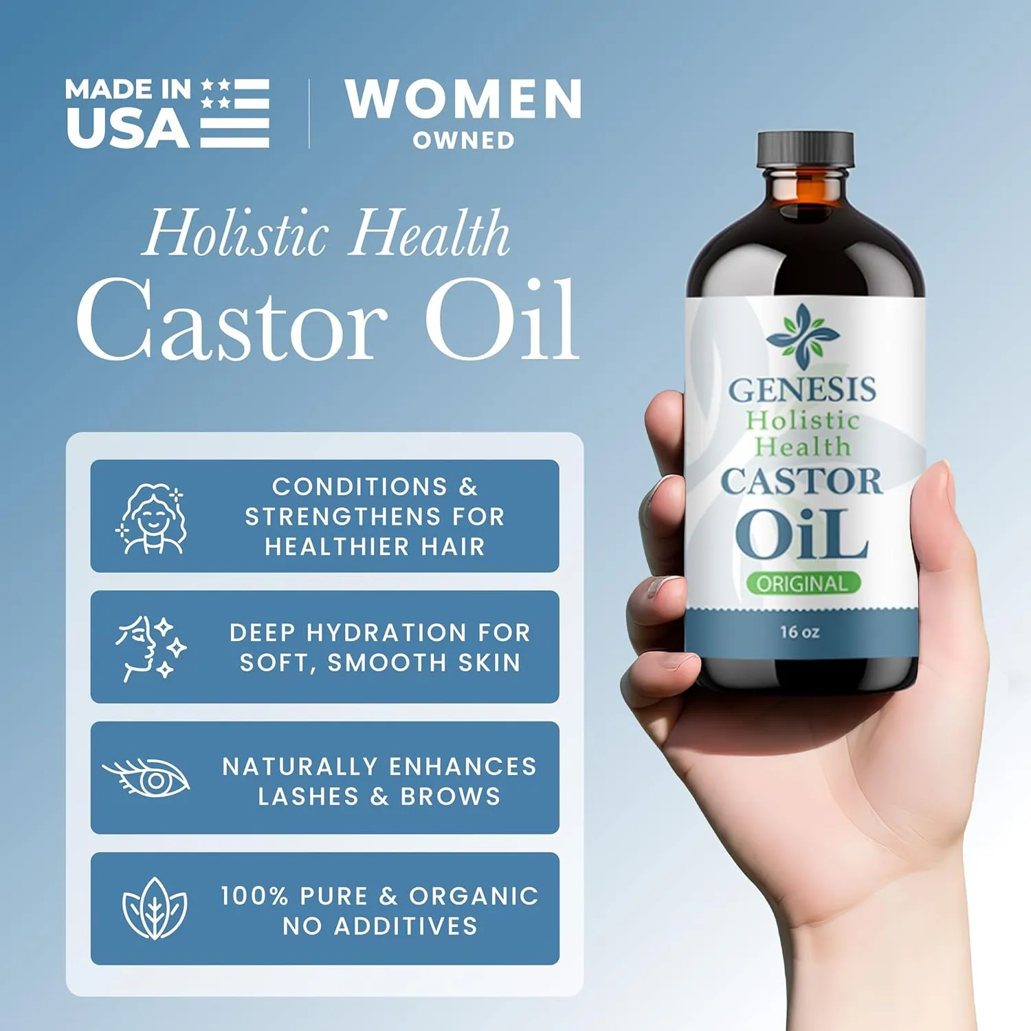 Organic Castor Oil – 100% Pure, Cold Pressed, Hexane Free – Nourishing Hair & Skin Oil – Eyelash & Eyebrow Growth, Deep Moisturizer – 16 oz Glass Bottle