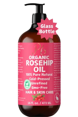 Organic Rosehip Seed Oil, 100% Pure & Cold-Pressed, Natural Face Oil for Anti-Aging, Scar Treatment, Skin Moisturizer & Hair Care - Extra Virgin Rosehip Oil 16 fl oz Bulk Glass Bottle with Pump