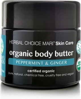 Organic Body Butter by Herbal Choice Mari (Peppermint & Ginger, 3.4 Fl Oz Glass Jar) - No Toxic Synthetic Chemicals - TSA-Approved Travel Size