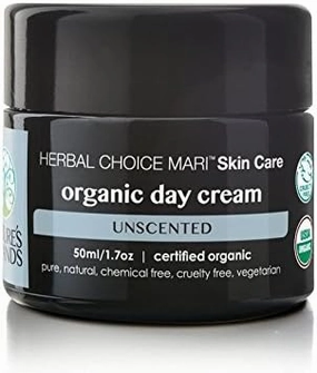 Organic Day Cream (Unscented) by Herbal Choice Mari; 1.7 Fl Oz Glass Jar; Moisturizer for All Skin Types
