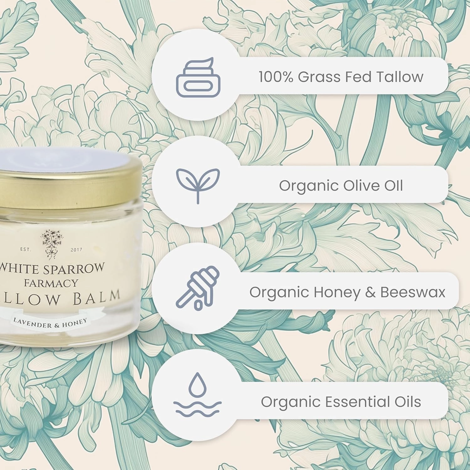 Organic Grass Fed Tallow Balm - (Lavender & Honey) Organic Tallow from Grass Fed Cows & All Organic ingredients. For Face and Body. (2.0 oz)…