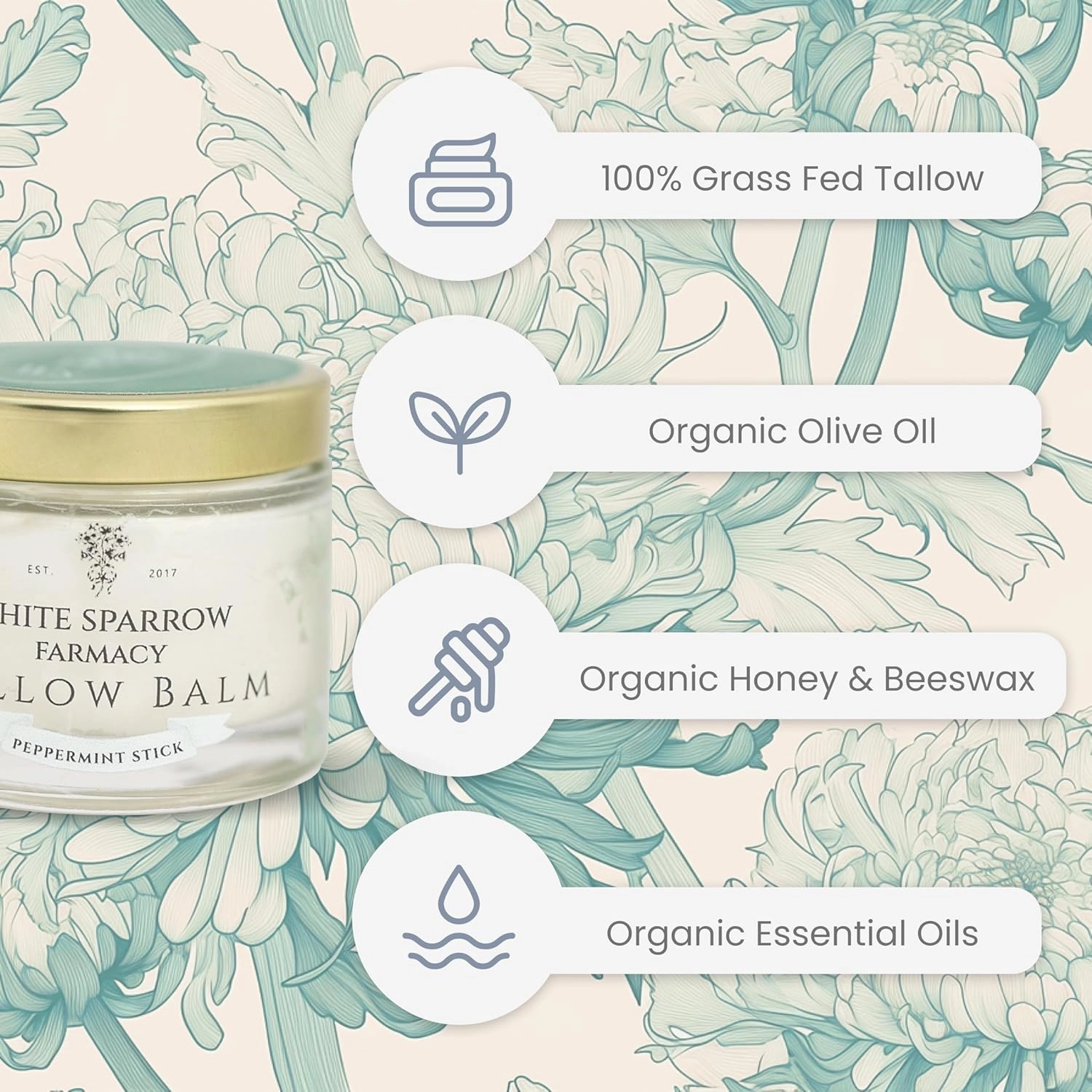 Organic Grass Fed Tallow Balm - (Peppermint) Organic Tallow from Grass Fed Cows & All Organic Ingredients. For Face and Body. (2.0 oz)…