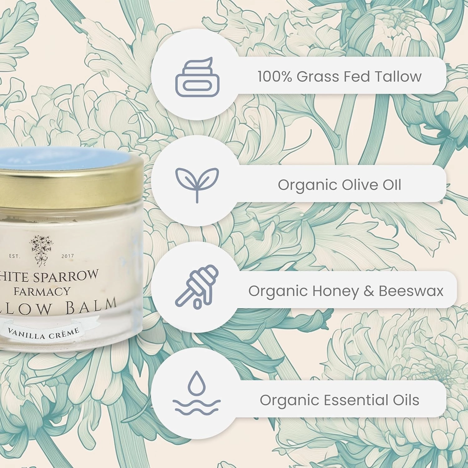 Organic Grass Fed Tallow Balm - (Vanilla Crème) Organic Tallow from Grass Fed Cows & All Organic ingredients. For Face and Body. (2.0 oz)…