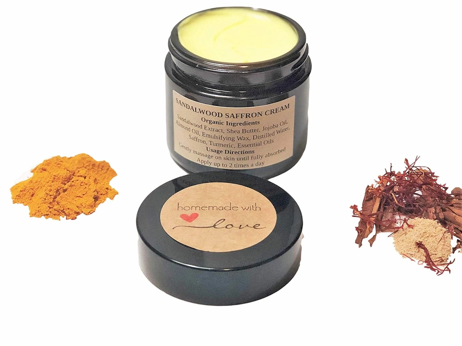 Organic Sandalwood Saffron Face Cream with Turmeric, Anti Aging Skin Moisturizer, Antioxidant Cream, Calming Night Cream, For All Types of Skin, Vegan - 1 oz