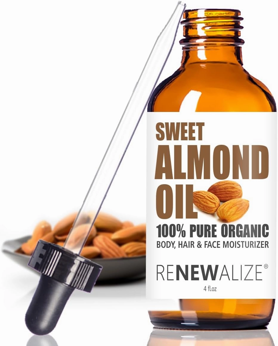Organic Sweet Almond Oil MOISTURIZER - in 4 oz Glass Bottle with Dropper | Unrefined Cold Pressed Skincare Lotion | Essential Natural Personal Massage Oils for The Skin and Body