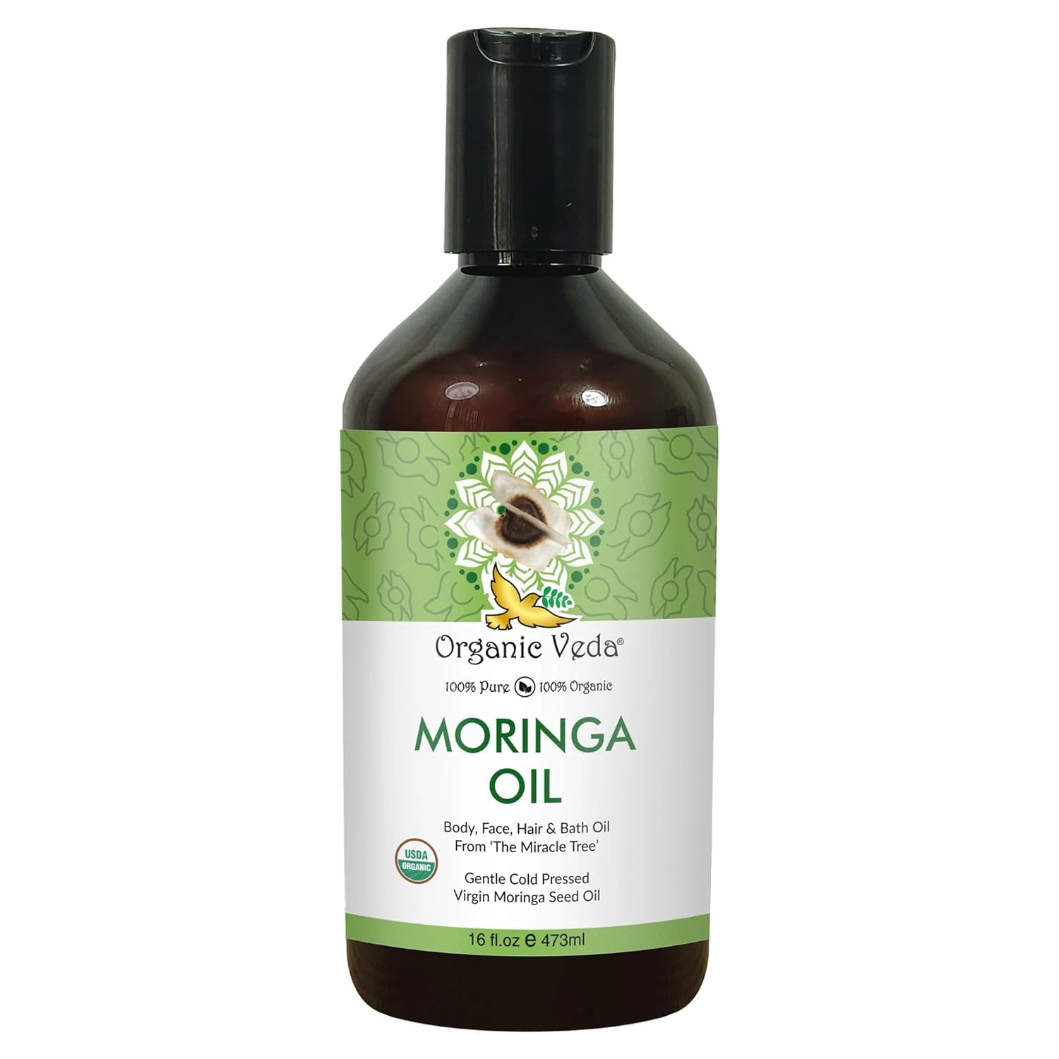 Organic Veda Moringa Oil Virgin 100% Pure & USDA Organic - Multi Purpose, Face, Hair & Skin, Nails, Fast Absorbing, Moisturizing & Beautifying - The Miracle Tree Moringa Oleifera Seed Oil, 16 fl.oz