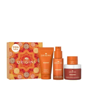 Origins 4-Piece GinZing Glow-Boosting Skin Care Set | Includes Cleanser, Serum, Gel Moisturizer & Brightening Eye Cream | With Vitamin C, Hyaluronic Acid & Caffeine from Coffee Beans