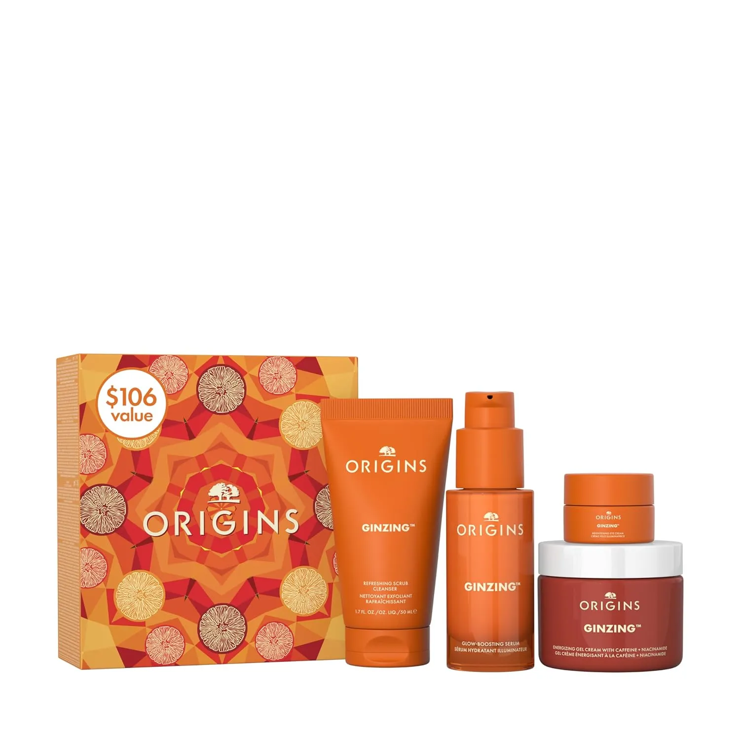 Origins 4-Piece GinZing Glow-Boosting Skin Care Set | Includes Cleanser, Serum, Gel Moisturizer & Brightening Eye Cream | With Vitamin C, Hyaluronic Acid & Caffeine from Coffee Beans