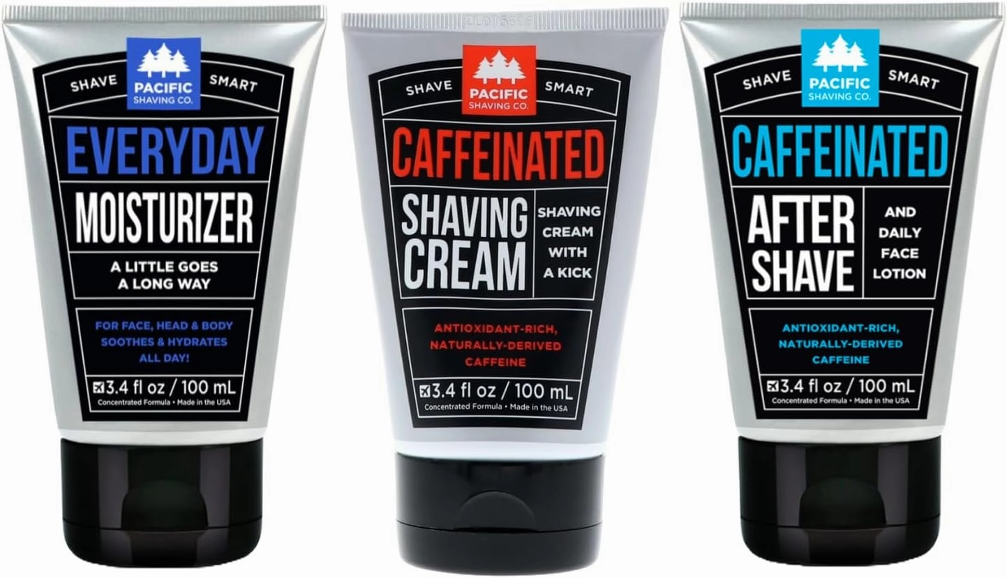 Pacific Shaving Company Caffeinated Shaving Trio – Caffeinated Shaving Cream (3.4 Oz), Caffeinated Aftershave (3.4 Oz), Everyday Moisturizer (3.4 Oz) – Energizing & Hydrating Skincare Set