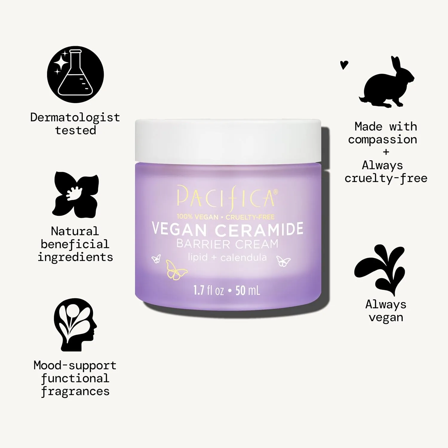 Pacifica Face Cream - Vegan Ceramide Barrier Cream w/Niacinamide & Shea Butter - Hydrating Daily Face Moisturizer Fragrance Free for Sensitive Skin, Vegan, Clean Beauty Allergy & Dermatologist Tested
