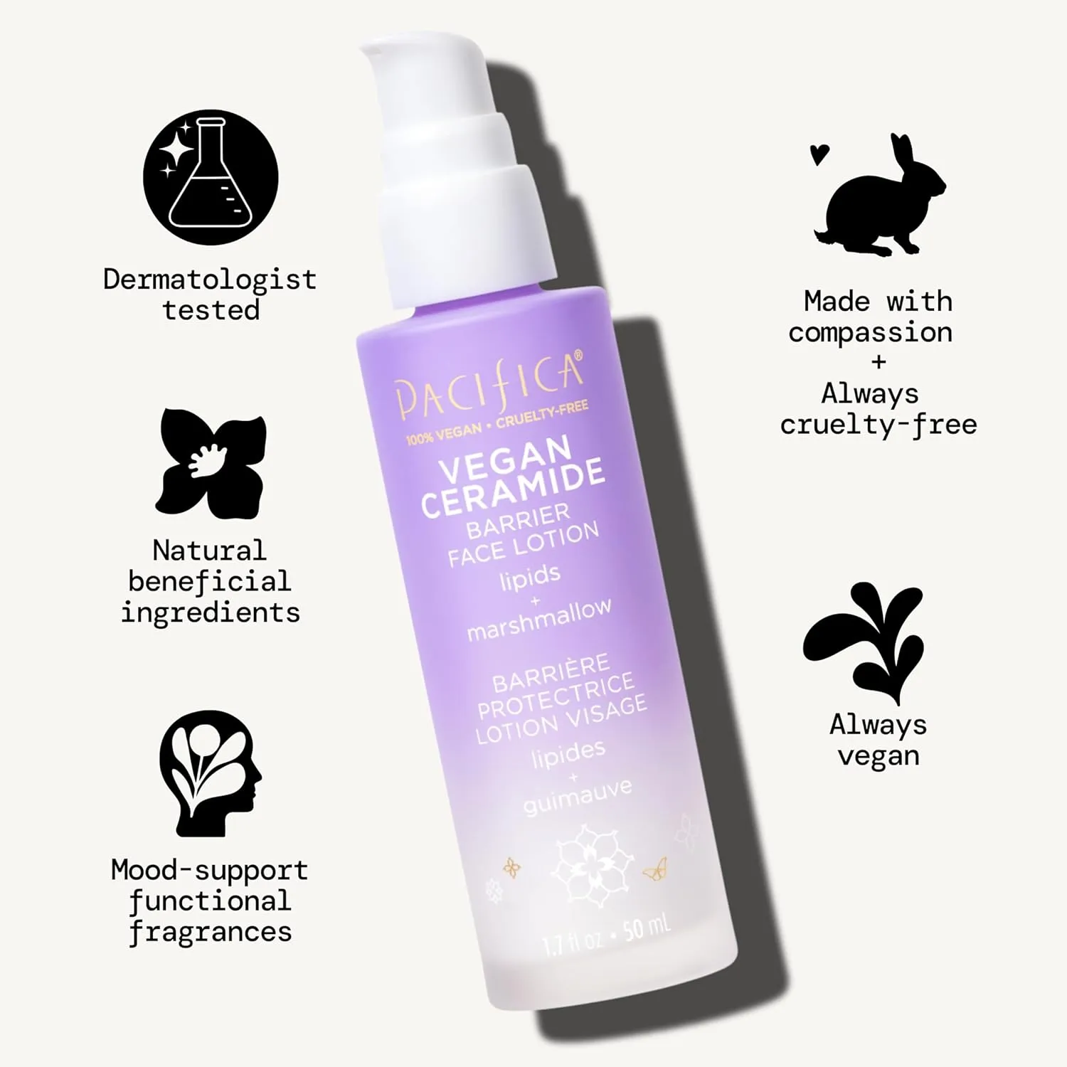 Pacifica Face Moisturizer - Vegan Ceramide Barrier Repair Face Lotion, Hydrating, For Dry Skin, Dermatologist Tested, Safe for Sensitive Skin, Fragrance Free, Vegan   Cruelty Free