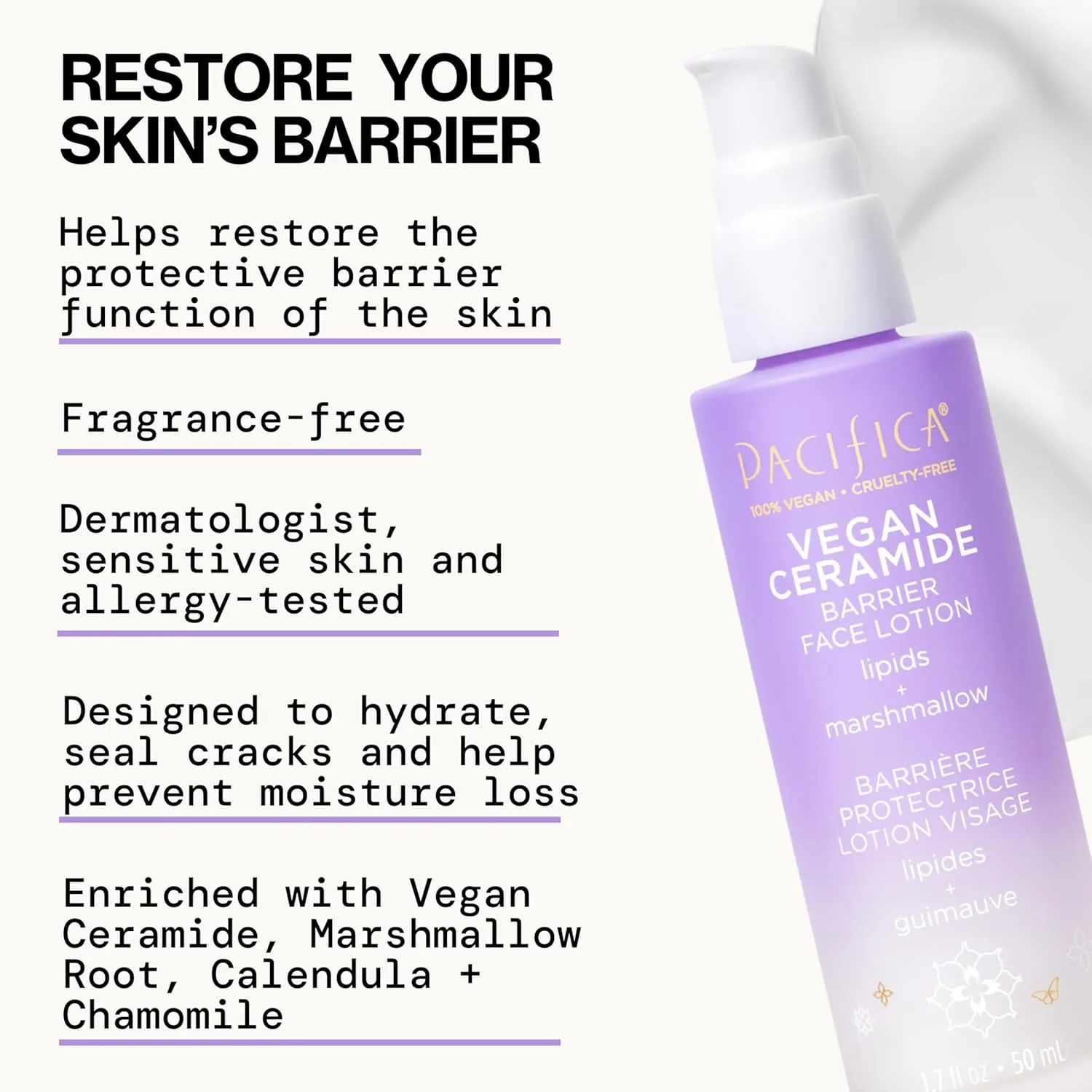 Pacifica Face Moisturizer - Vegan Ceramide Barrier Repair Face Lotion, Hydrating, For Dry Skin, Dermatologist Tested, Safe for Sensitive Skin, Fragrance Free, Vegan   Cruelty Free