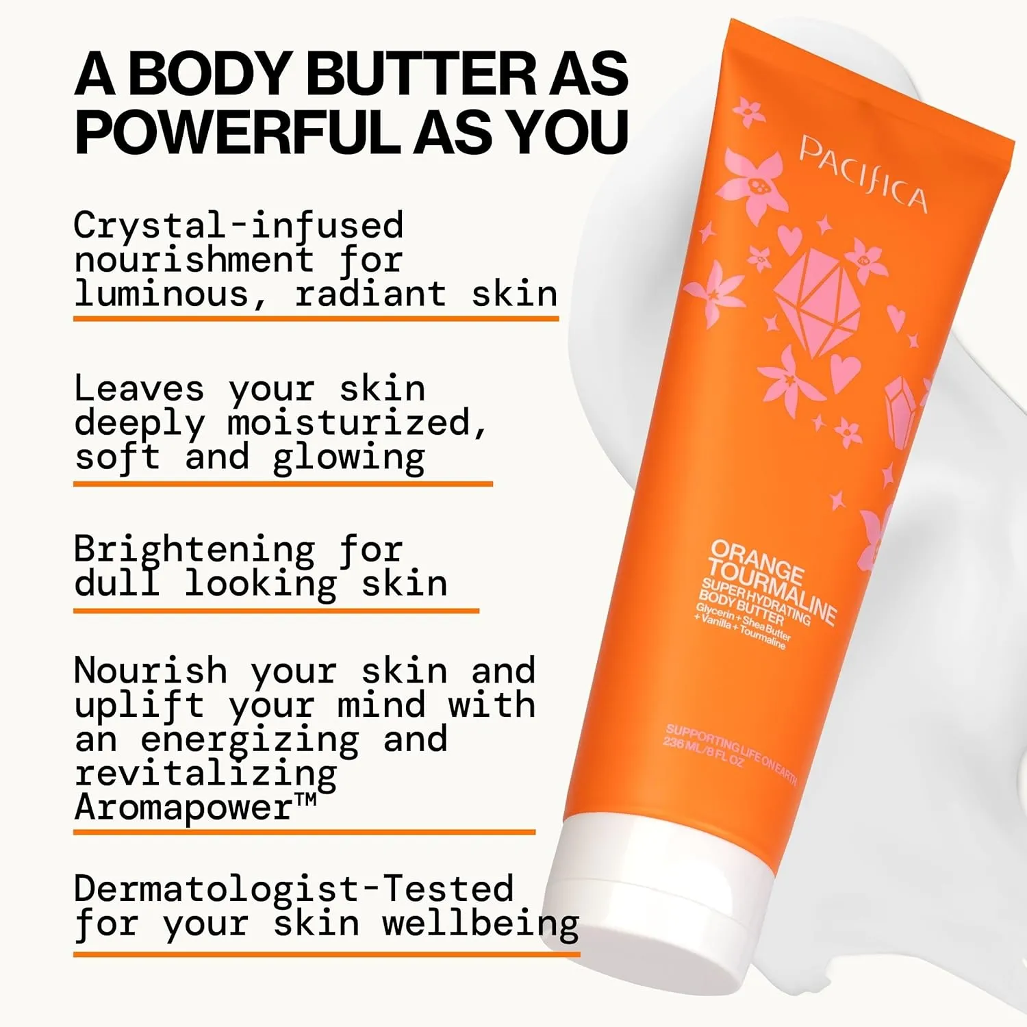 Pacifica Orange Tourmaline Body Butter – Super Hydrating Moisturizer for Dry Skin, Ultra-Rich Cream with Shea Butter & Vitamin E, Clean Beauty, Vegan, Cruelty-Free, Citrus Scent, 6 oz