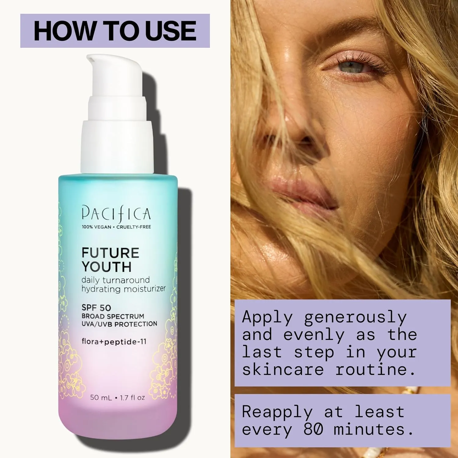 Pacifica Peptide Face Moisturizer Future Youth Daily Turnaround Hydrating, SPF 50 Broad Spectrum, UVA/UVB Sun Protection, Sunscreen, Face Moisturizer, Anti-Aging, Vegan, 1.7 fl oz (1 Count)