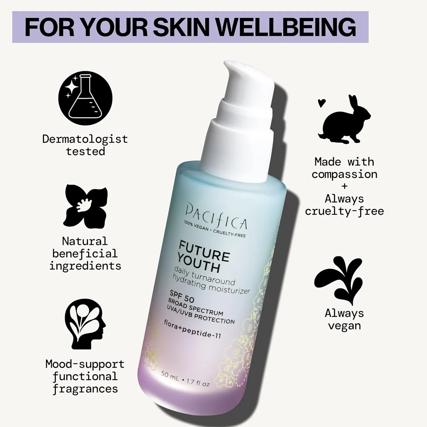 Pacifica Peptide Face Moisturizer Future Youth Daily Turnaround Hydrating, SPF 50 Broad Spectrum, UVA/UVB Sun Protection, Sunscreen, Face Moisturizer, Anti-Aging, Vegan, 1.7 fl oz (1 Count)