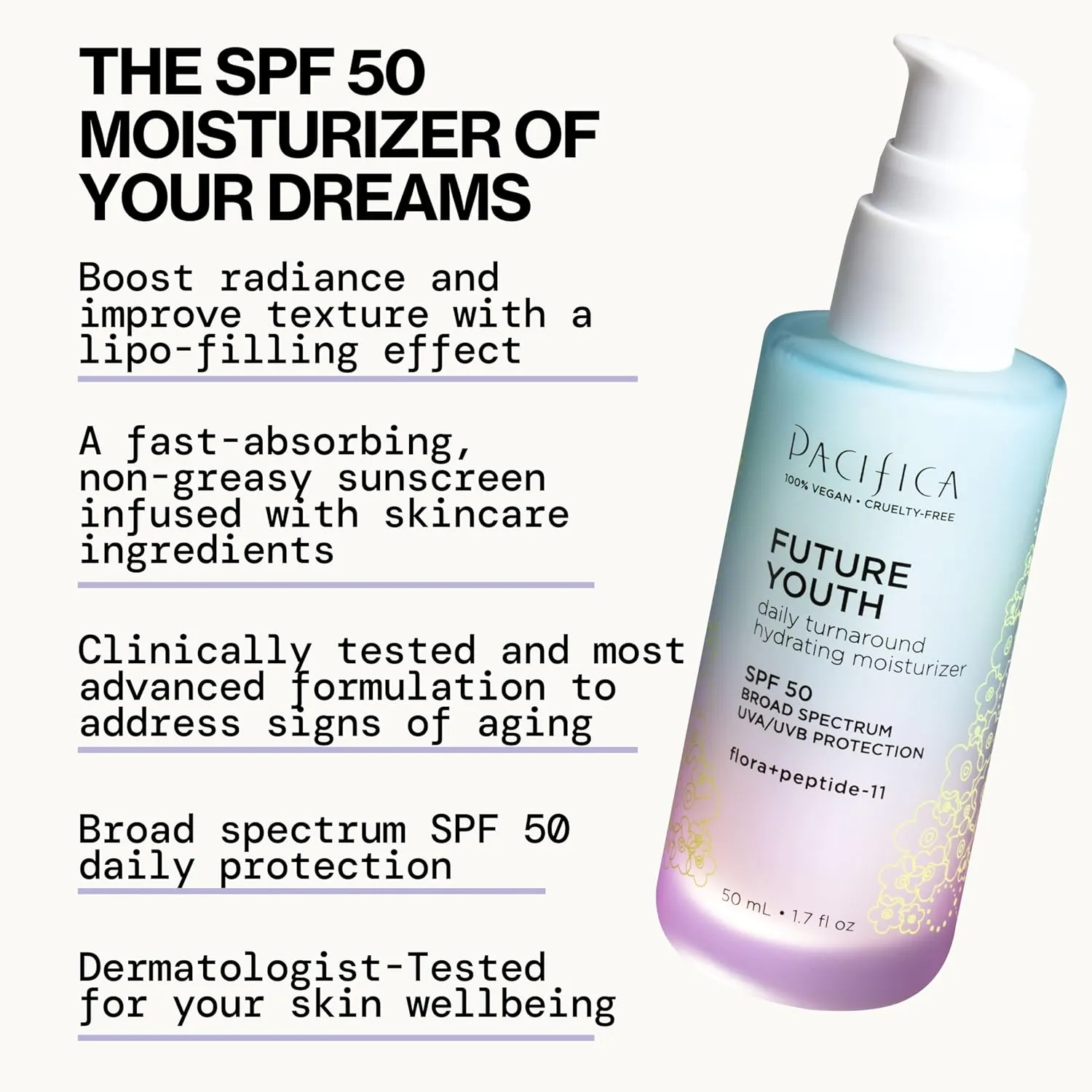 Pacifica Peptide Face Moisturizer Future Youth Daily Turnaround Hydrating, SPF 50 Broad Spectrum, UVA/UVB Sun Protection, Sunscreen, Face Moisturizer, Anti-Aging, Vegan, 1.7 fl oz (1 Count)