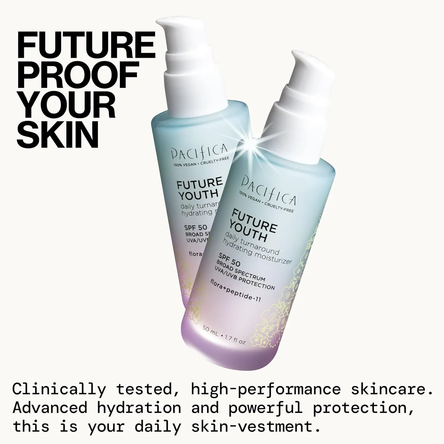 Pacifica Peptide Face Moisturizer Future Youth Daily Turnaround Hydrating, SPF 50 Broad Spectrum, UVA/UVB Sun Protection, Sunscreen, Face Moisturizer, Anti-Aging, Vegan, 1.7 fl oz (1 Count)