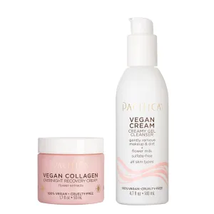 Pacifica Vegan Collagen Cleanser   Overnight Cream Set of 2 – Creamy Gel Face Wash & Rich Night Lotion Recovery Cream Gently Cleanses Deeply Hydrates & Renews, Anti-Aging No Sulfates or Parabens Clean