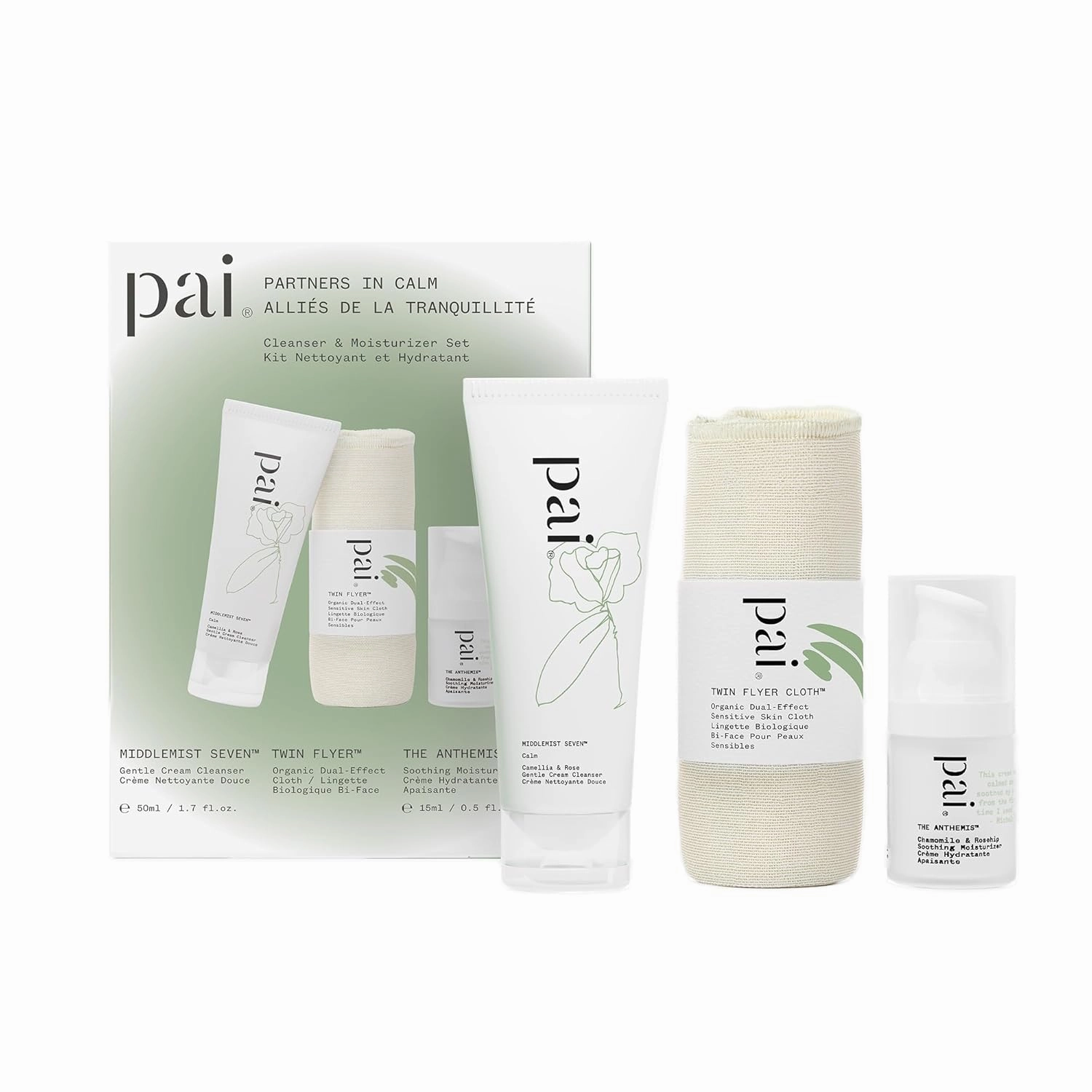 Pai Skincare - Partners in Calm Kit | Middlemist Seven Cream Cleanser (50 ml)   Twin Flyer Cotton Cloth   The Anthemis Moisturizer (15 ml) | Natural, Vegan, Sensitive Skincare (3 Piece Set)