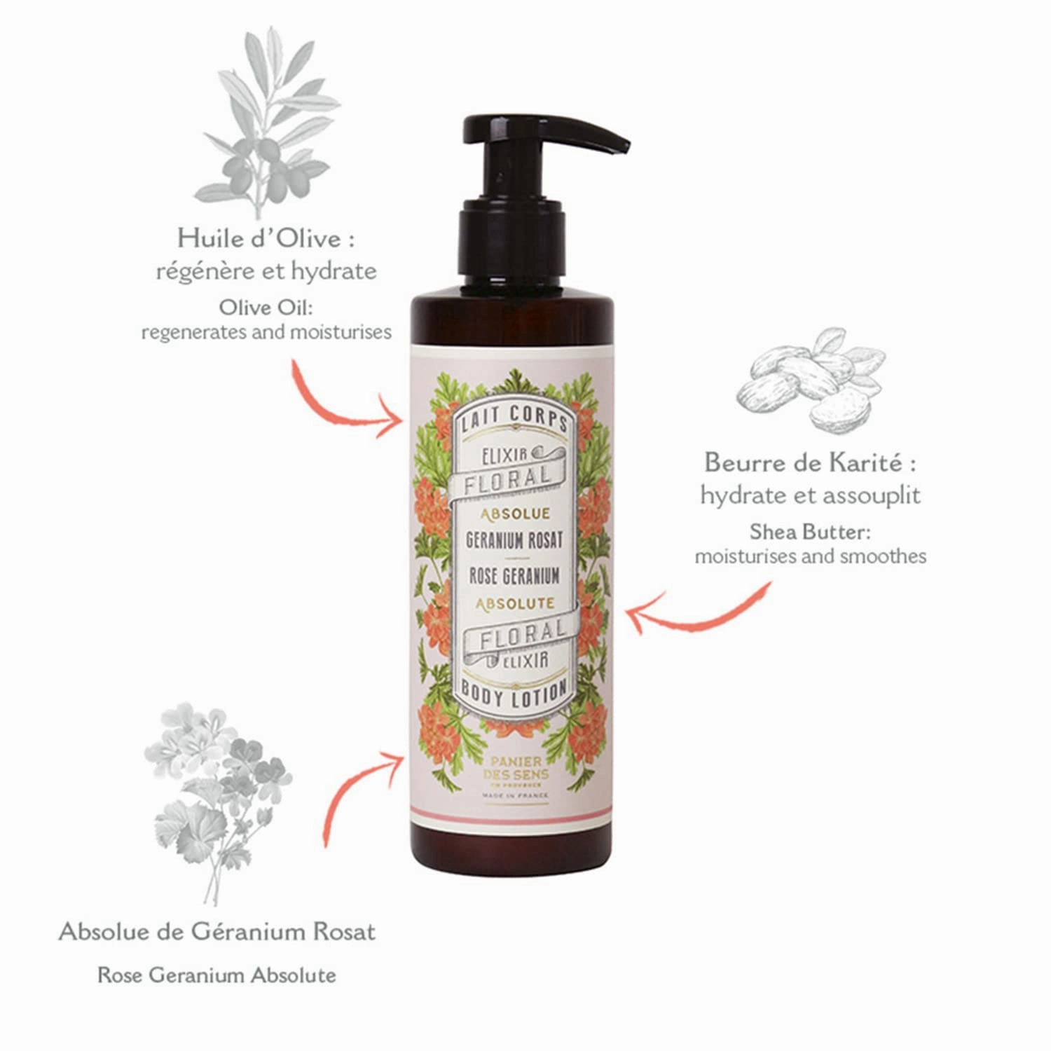 Panier des Sens –Geranium Hand & Body Lotion for Dry Skin - Hydrating Body Cream for Women - Nourishing Fluid Body Moisturizer Shea Butter & Olive Oil - 97% Natural Ingredients Body Care - 8.45 Floz