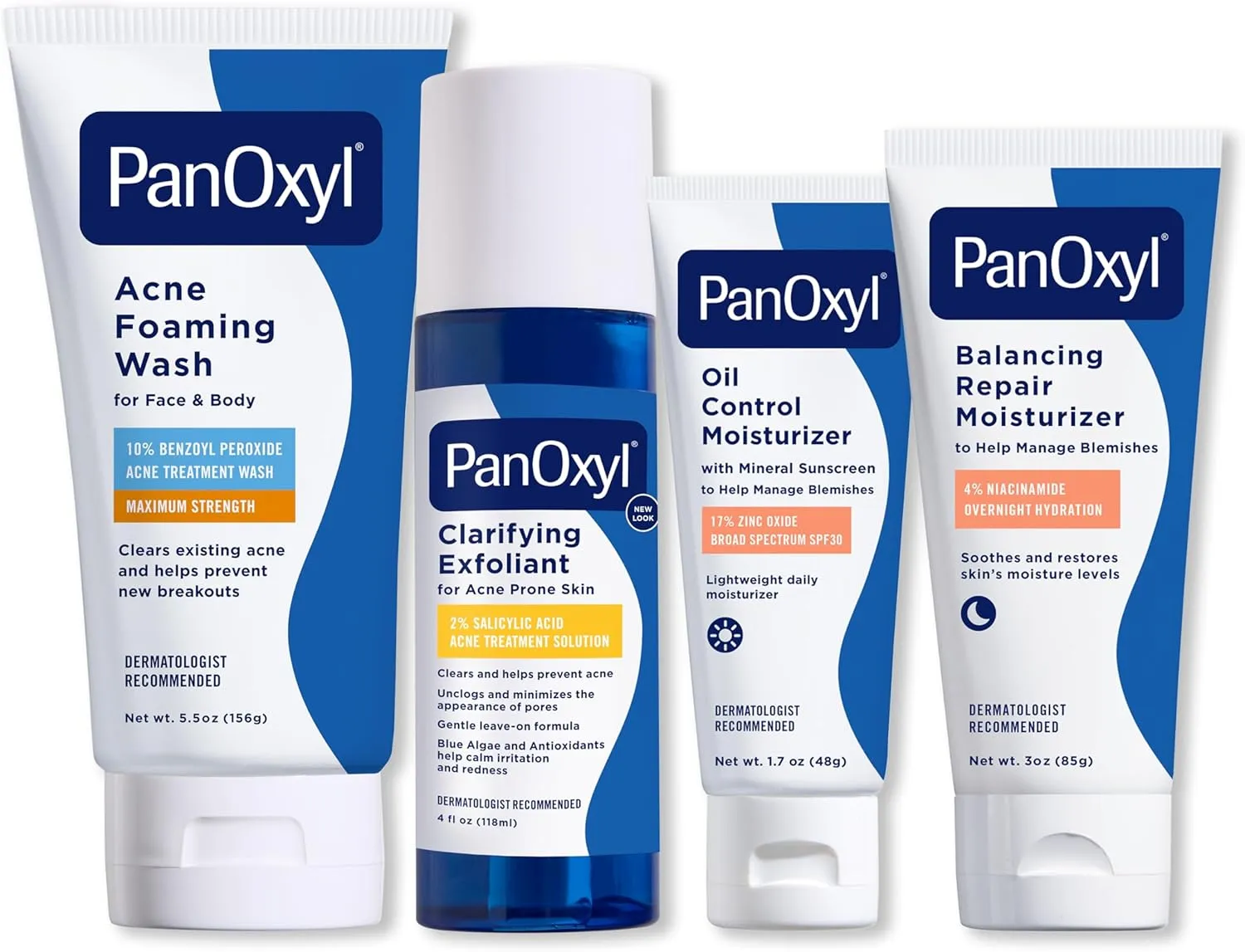 PanOxyl Complete Cleanse, Manage & Moisturize Bundle - Acne Foaming Wash Benzoyl Peroxide 10%, PM Balancing Repair Moisturizer, AM Oil Control Moisturizer & Clarifying Exfoliant with 2% Salicylic Acid