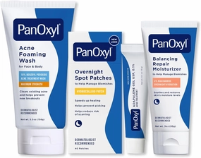 PanOxyl Complete Acne Clearing Routine Bundle - Acne Foaming Wash Benzoyl Peroxide 10%, PM Balancing Repair Moisturizer, PM Overnight Spot Patches & Adapalene 0.1% Leave-On Gel