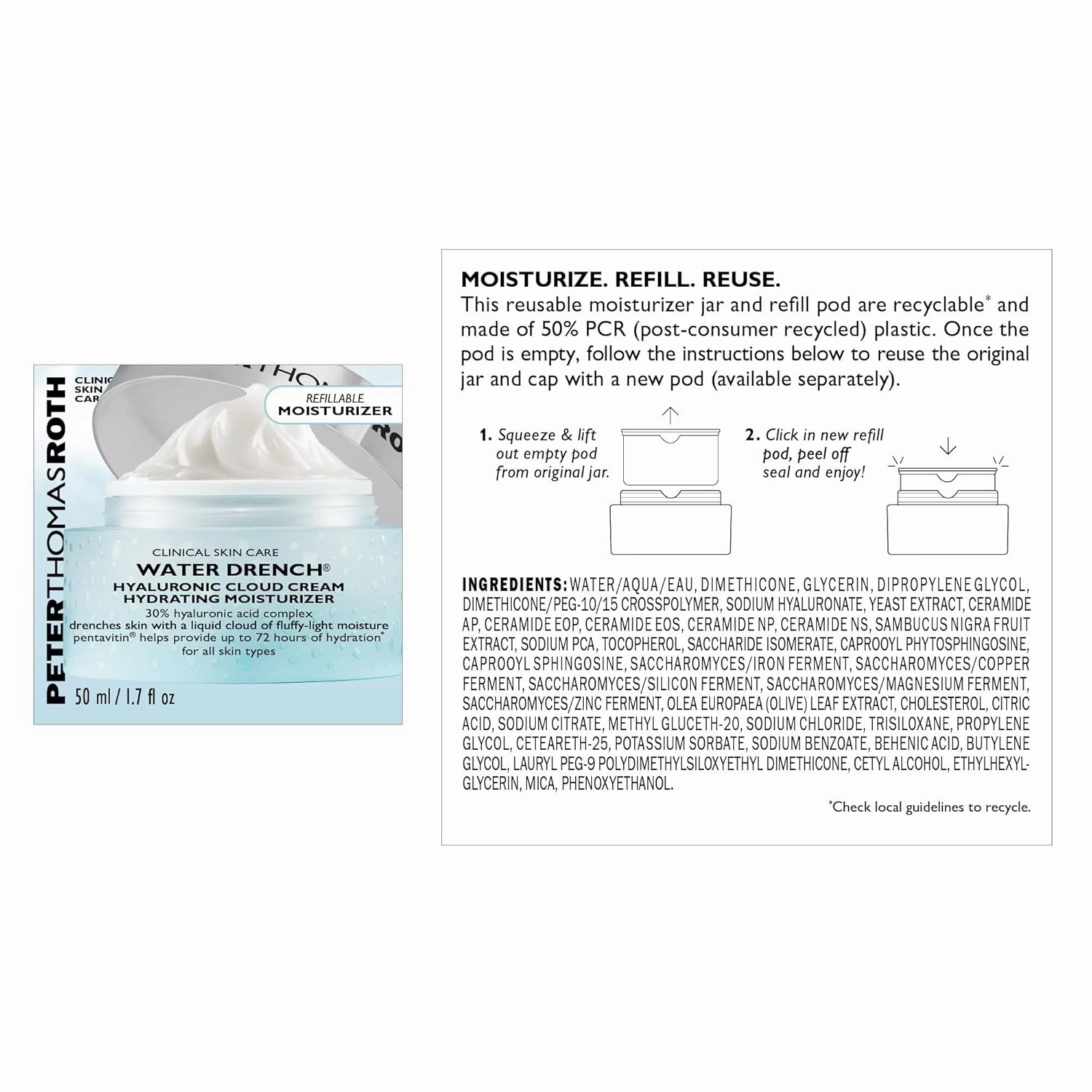Peter Thomas Roth | Water Drench® Hyaluronic Cloud Cream | Hydrating Moisturizer for Face, Up to 72 Hours of Hydration for More Youthful-Looking Skin, Fragrance Free