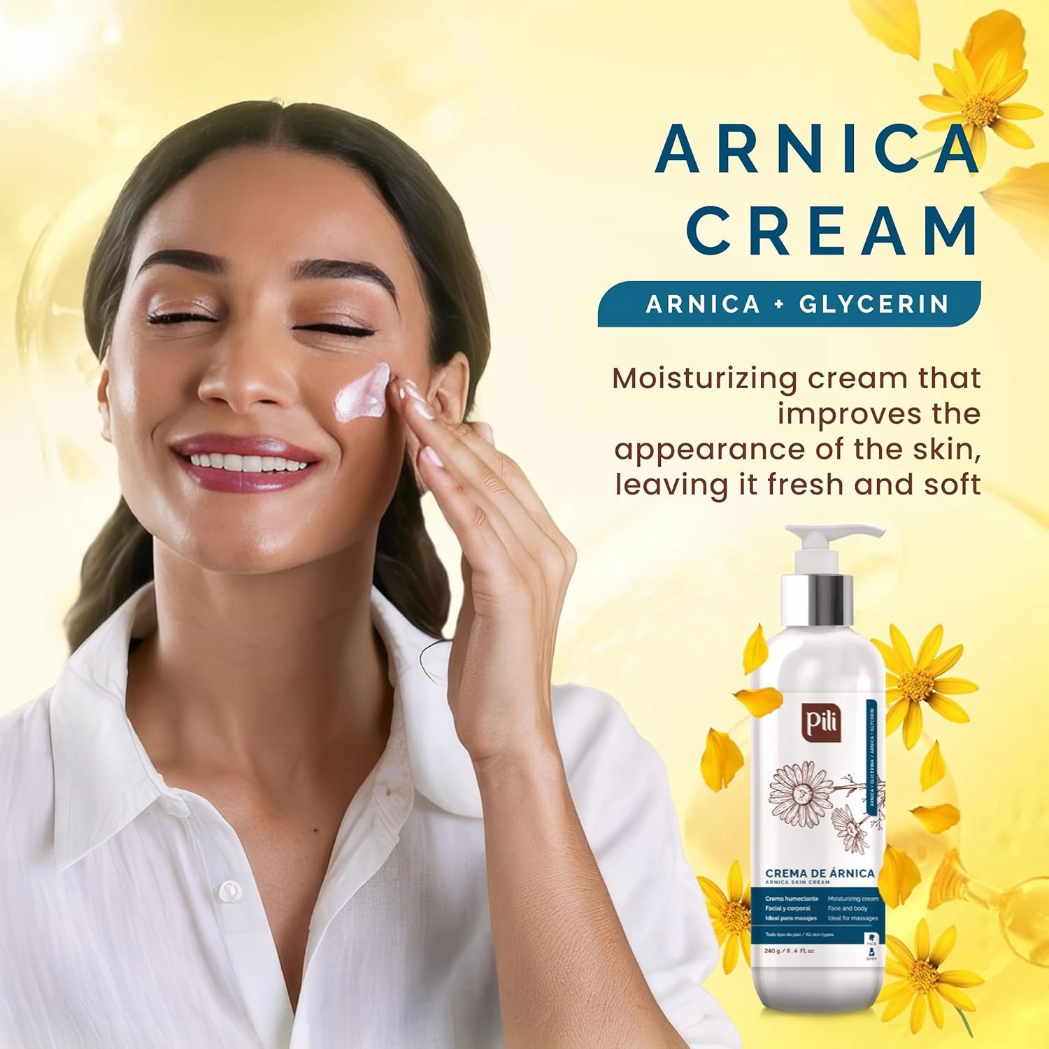 Pili Arnica Cream 8.4 oz. Deep Hydration & Soothing Relief for Dry, Rough Skin & Discoloration. Lightweight Face, Hand & Body Moisturizer – Crema de arnica, Non-Greasy & Fast Absorbing.