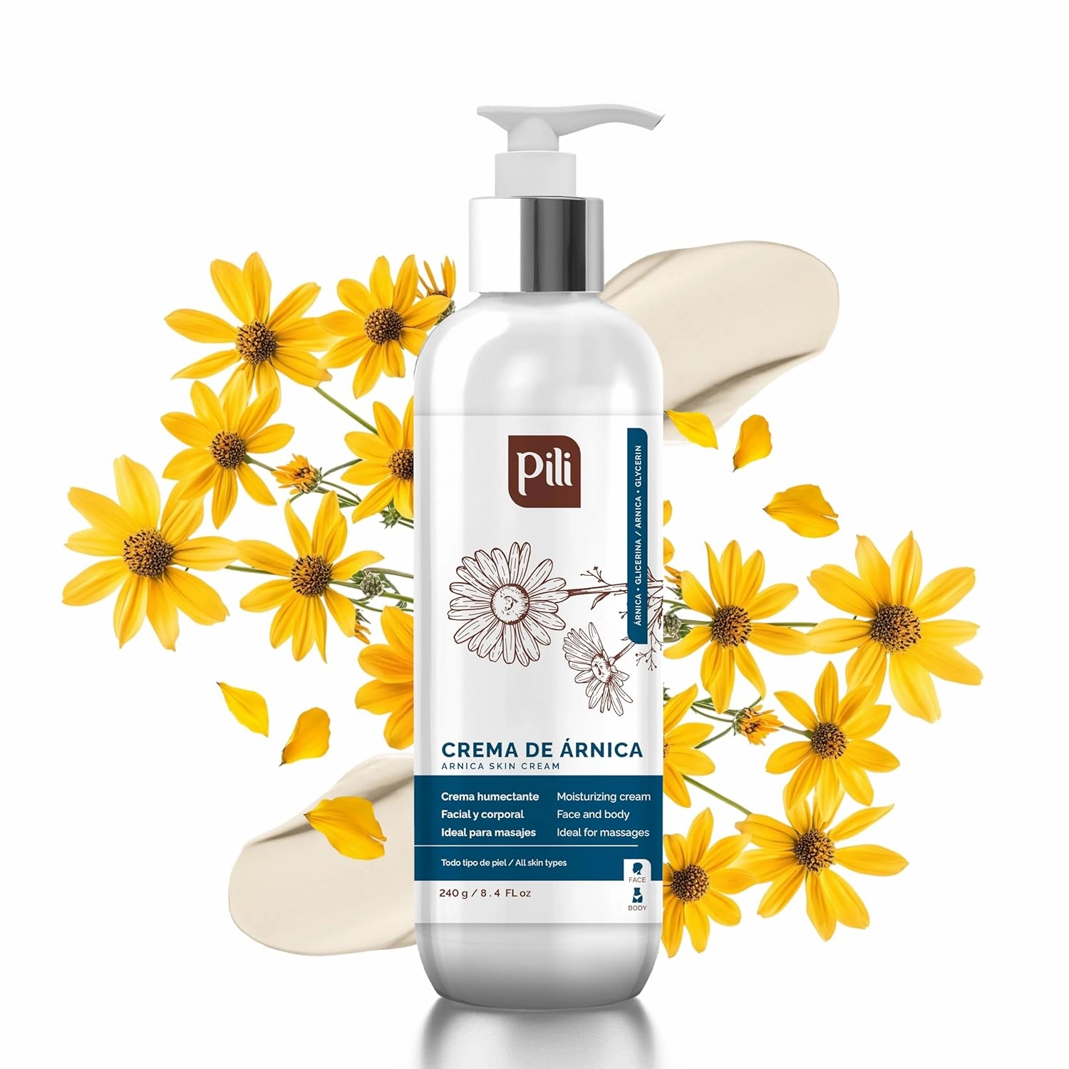 Pili Arnica Cream 8.4 oz. Deep Hydration & Soothing Relief for Dry, Rough Skin & Discoloration. Lightweight Face, Hand & Body Moisturizer – Crema de arnica, Non-Greasy & Fast Absorbing.