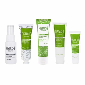 Pistaché Skincare Pistachio Oil 5-Pc Mini Collection (Travel)   Body Butter, Hand Cream, Biscotti Perfume, Eye Cream & Face Moisturizer   Hydrates and Nourishes   Vitamin E   Antioxidant Protection