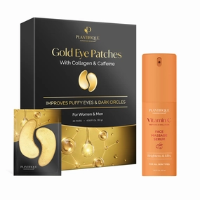 PLANTIFIQUE Gold Under Eye Patches for Puffy Eyes and Dark Circles 20 Pairs and Vitamin C Face Serum Anti Aging Massage with Peptides, Collagen, Korean Skin Care Face Moisturizer
