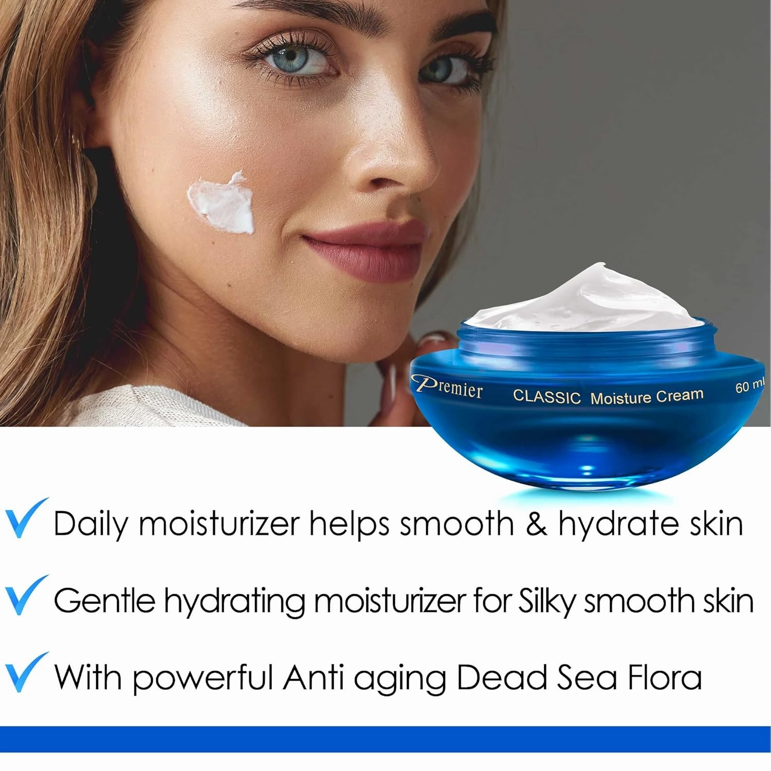 Premier Dead Sea Moisture Cream for sensitive to normal skin anti aging face moisturizer silky firming cream to smooth wrinkles and fine lines, face cream 2.04 Fl. Oz