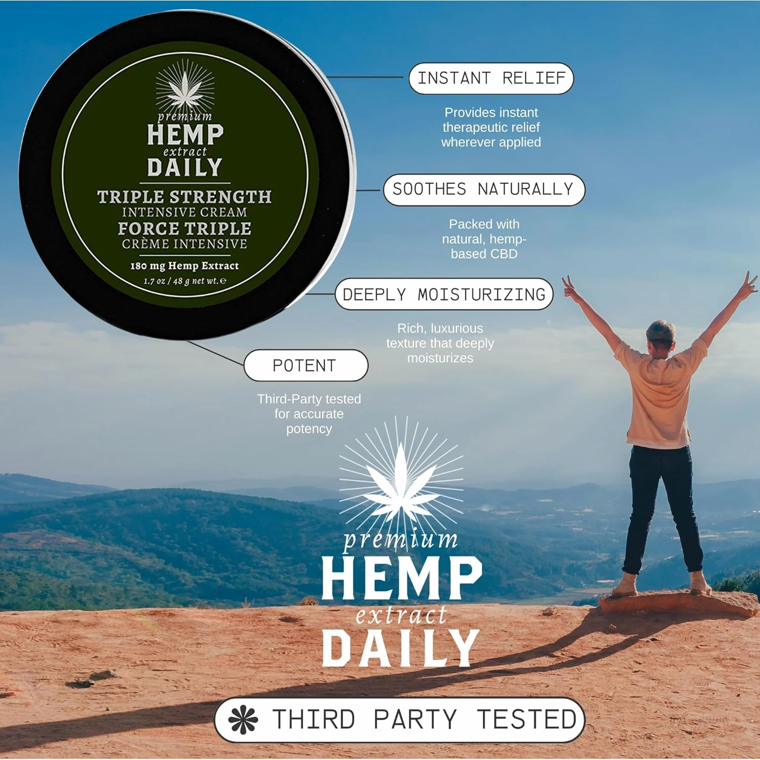Premium Hemp Daily Triple Intensive Cream - Muscle, Knee, Joint, Back, Neck and Shoulder Topical Rub - Organic | 1.7 Ounces (Original Mint, Pack of 3)