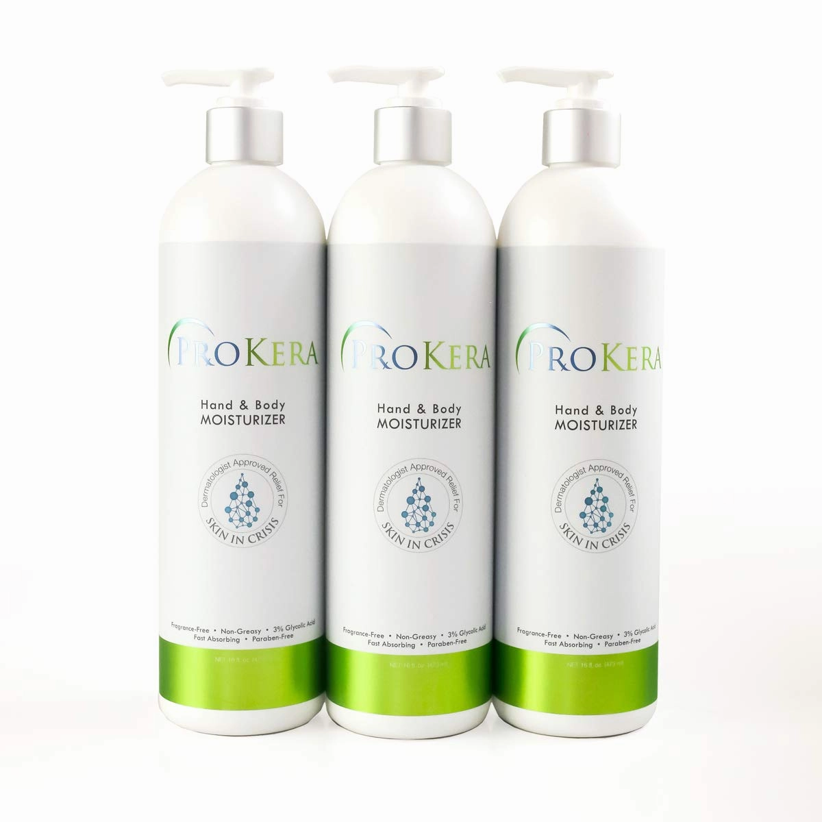 ProKera Hand & Body Moisturizer - Body and Hand Lotion for Dry Skin - Hydrating, Fragrance-Free, Non-Greasy with 3% Glycolic Acid - 16 oz (Pack of 3)