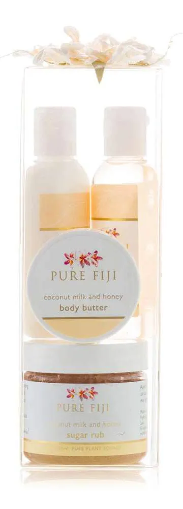 PURE FIJI Spa Gifts for Women and Man - Body Gift Box Include: Sugar Scrub 2 Oz, Bath and Body Oil 1/2 Oz, Body Butter and Body Lotion 1 Oz, Scent Сoconut Milk and Honey