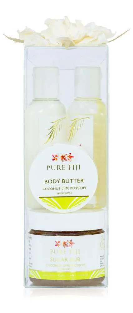 Pure Fiji Spa Gifts for Women and Man - Body Gift Box Include: Sugar Scrub, Bath and Body Oil, Body Butter and Body Lotion, Scent Coconut Lime Blossom