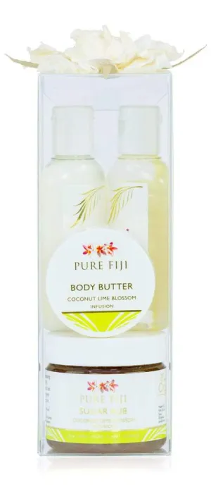 Pure Fiji Spa Gifts for Women and Man - Body Gift Box Include: Sugar Scrub, Bath and Body Oil, Body Butter and Body Lotion, Scent Coconut Lime Blossom