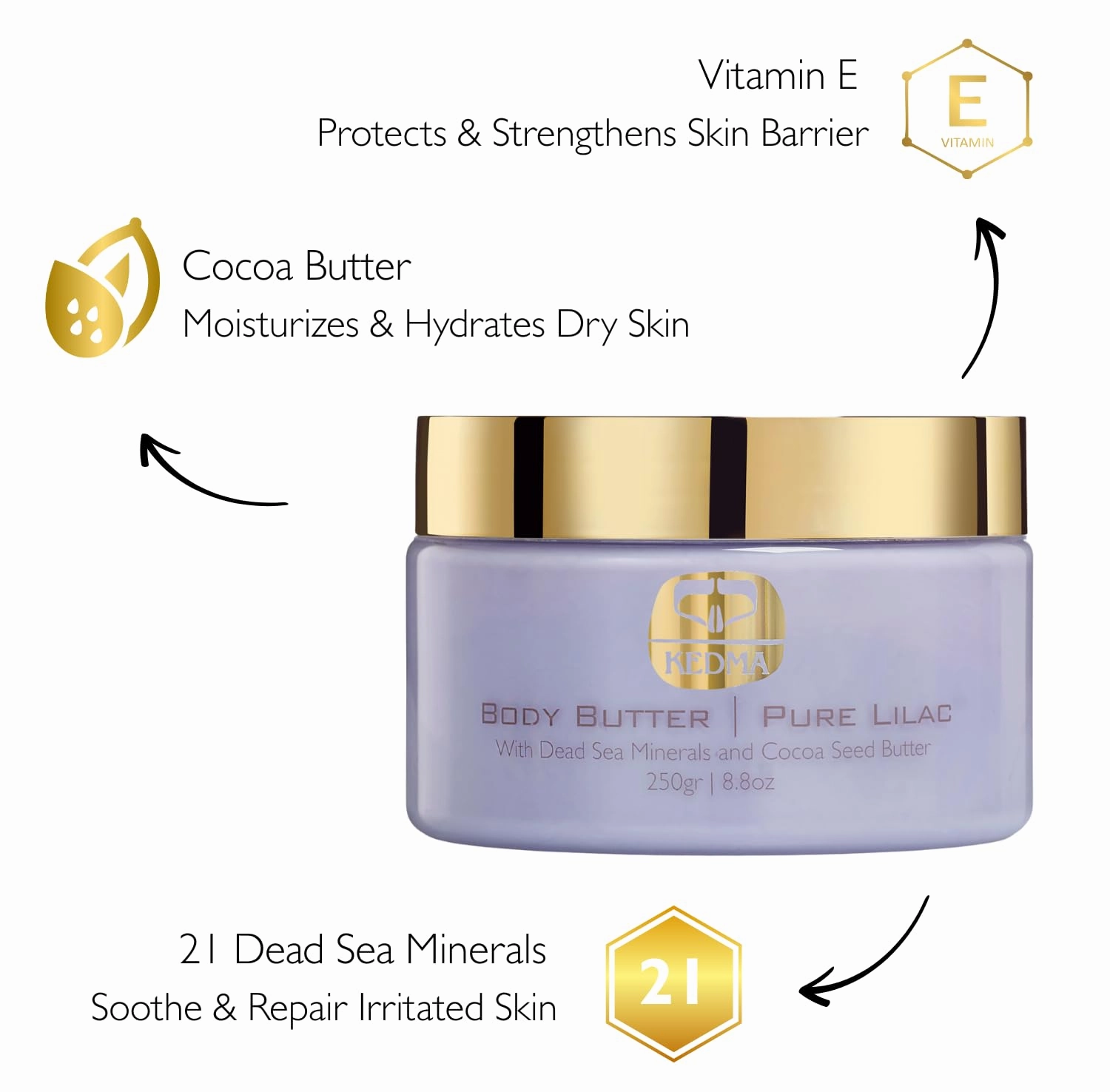 Pure Lilac Body Butter – Nourishing Dead Sea Minerals Body Cream with Cocoa Butter, Rice Bran Oil & Vitamin E – Hydrating Moisturizer for Dry Skin - 8.8 oz