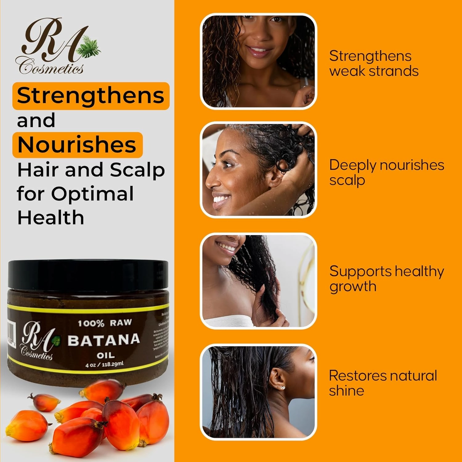 RA Cosmetics Natural Unrefined Batana Oil for Hair Growth & Repair | Nourishing Moisturizer for Damaged Hair - Strengthening Conditioner from Honduras, 4 oz