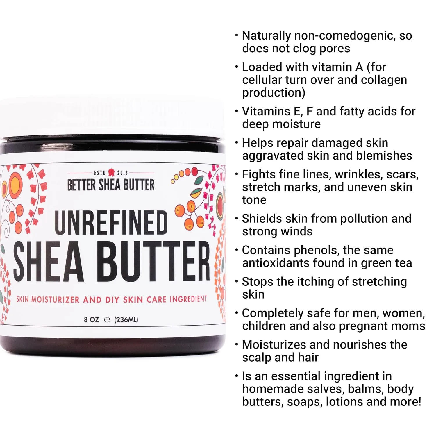 Raw Shea Butter - 100% Pure African Shea Butter for Hair and Body | Unrefined Moisturizer for Dry Skin, DIY Lip Balm, Body Butter, Lotion Bar, and Soap - 8 oz Jar