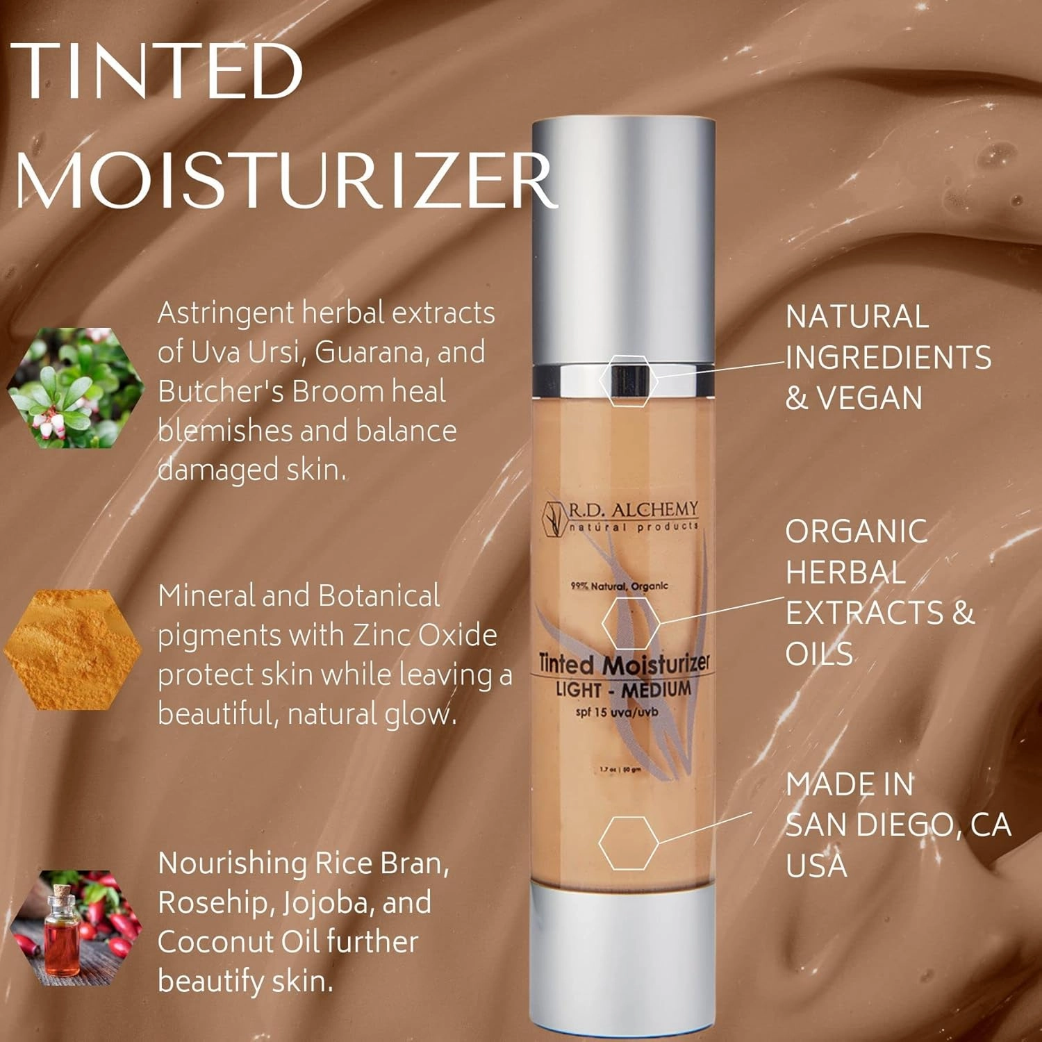 RD Alchemy - 99% Natural & Organic Tinted Moisturizer LIGHT - MEDIUM Shade with SPF. Best BB and CC cream for Normal to Dry Skin. Dark Circles & Blemishes, Reduced Pore Size, & Less Acne Breakouts.