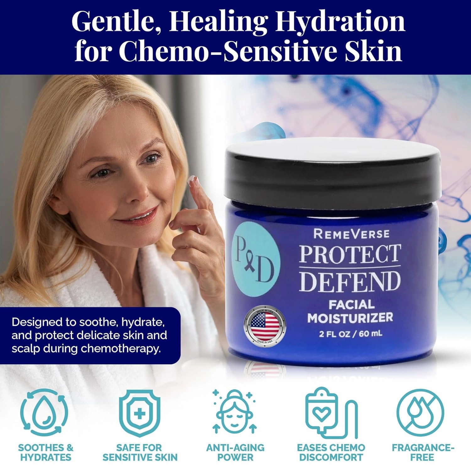 RemeVerse Protect & Defend Facial Moisturizer for Sensitive Skin During Chemoteraphy - Skin Hydration & Gentle Face Cream w/Hyaluronic Acid, Peptides, Glycerin, Collagen - Made in USA - 2 oz