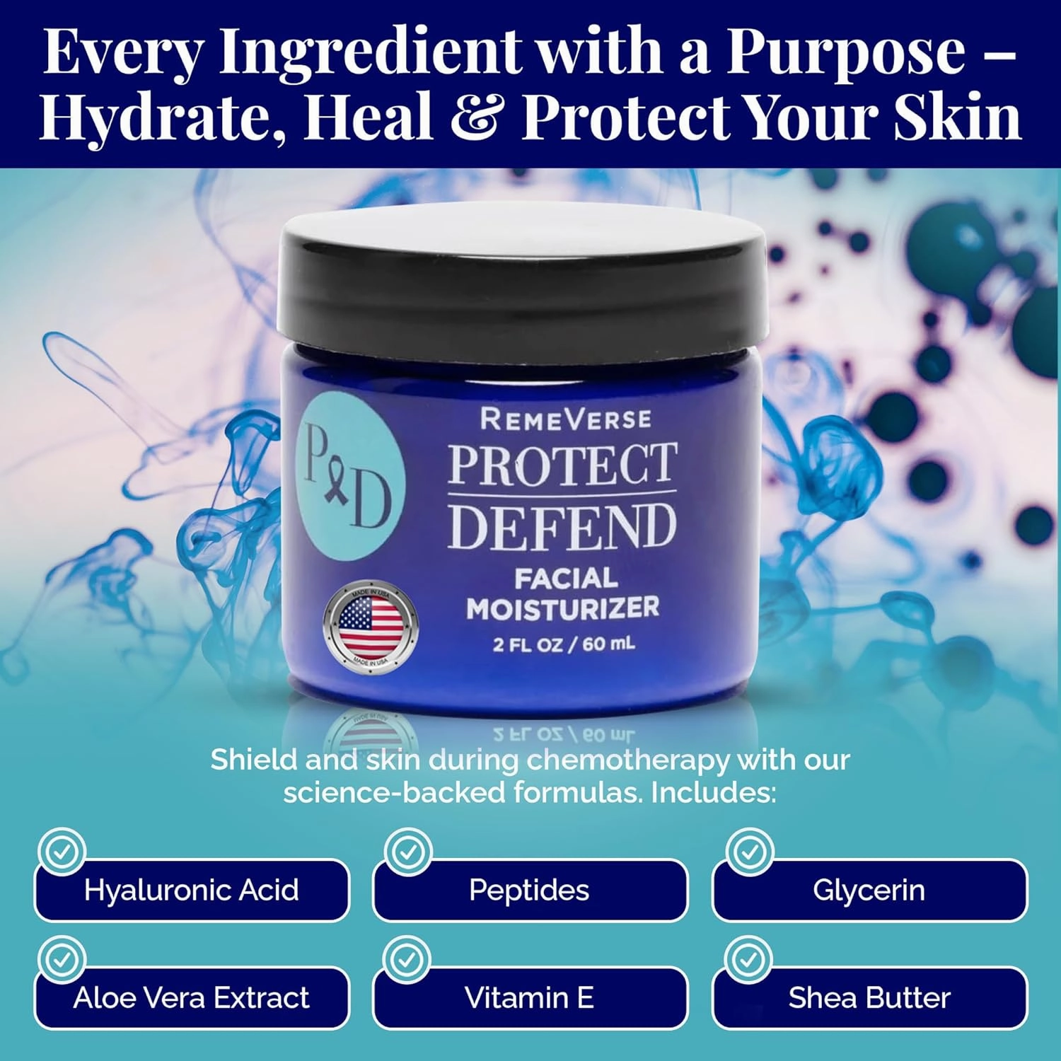 RemeVerse Protect & Defend Facial Moisturizer for Sensitive Skin During Chemoteraphy - Skin Hydration & Gentle Face Cream w/Hyaluronic Acid, Peptides, Glycerin, Collagen - Made in USA - 2 oz