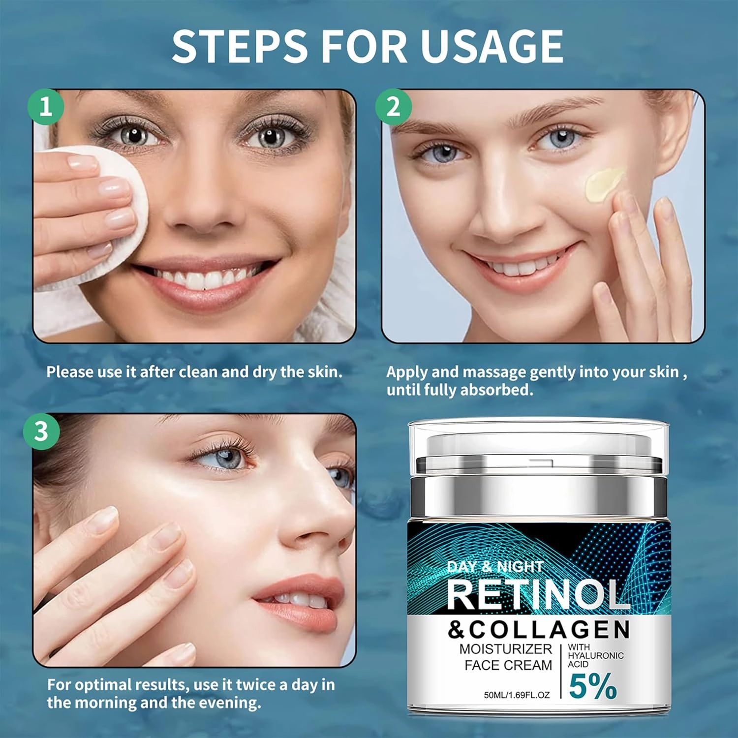 Retinol Cream Anti-Aging for Face with Collagen & 5% Hyaluronic Acid 2pcs - Reduces Wrinkles & Dark Circles,Lifts & Firms Skin,Day and Night Moisturizer for All Skin Types (50ml)