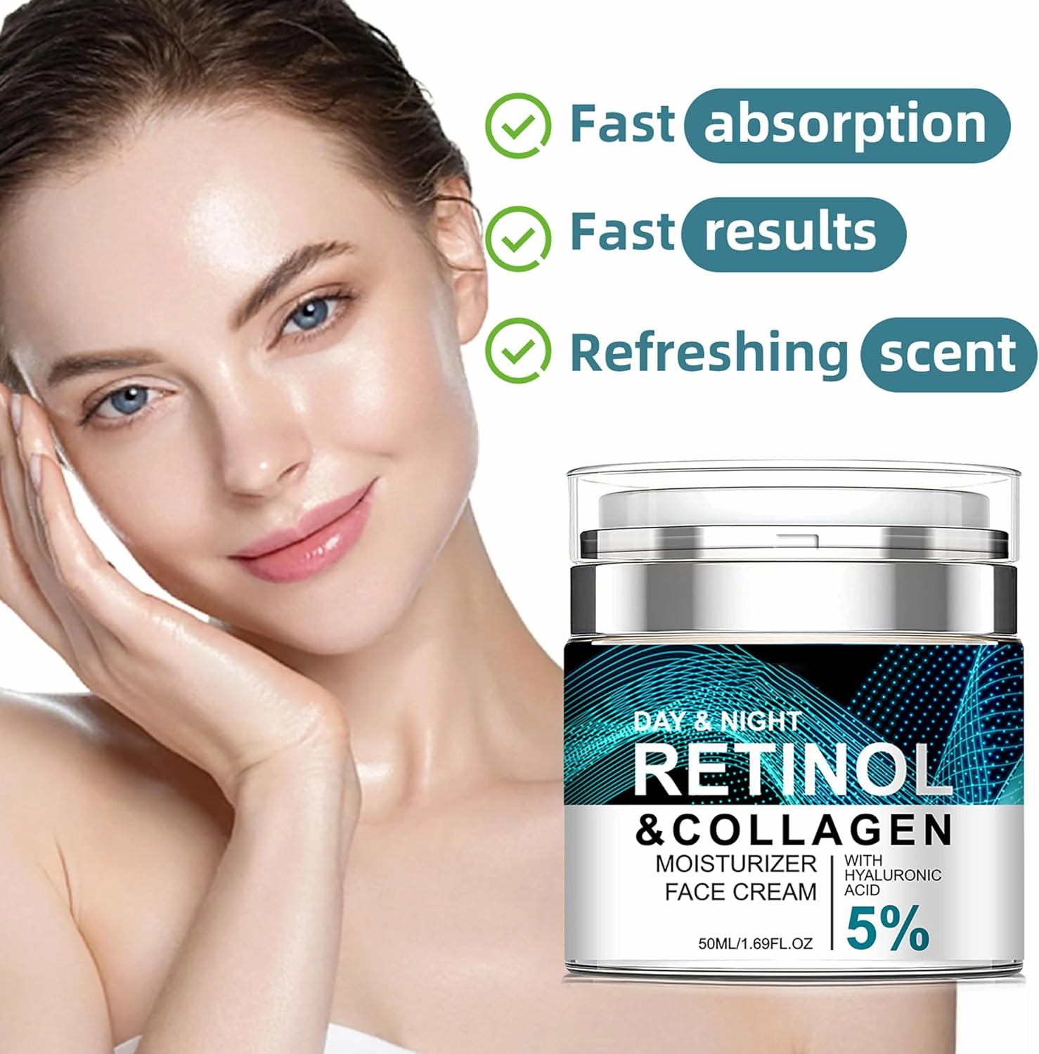 Retinol Cream Anti-Aging for Face with Collagen & 5% Hyaluronic Acid 2pcs - Reduces Wrinkles & Dark Circles,Lifts & Firms Skin,Day and Night Moisturizer for All Skin Types (50ml)